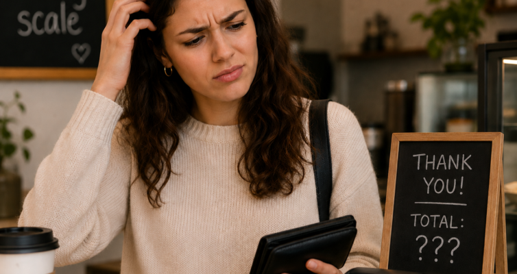 A woman looking confused at a payment station